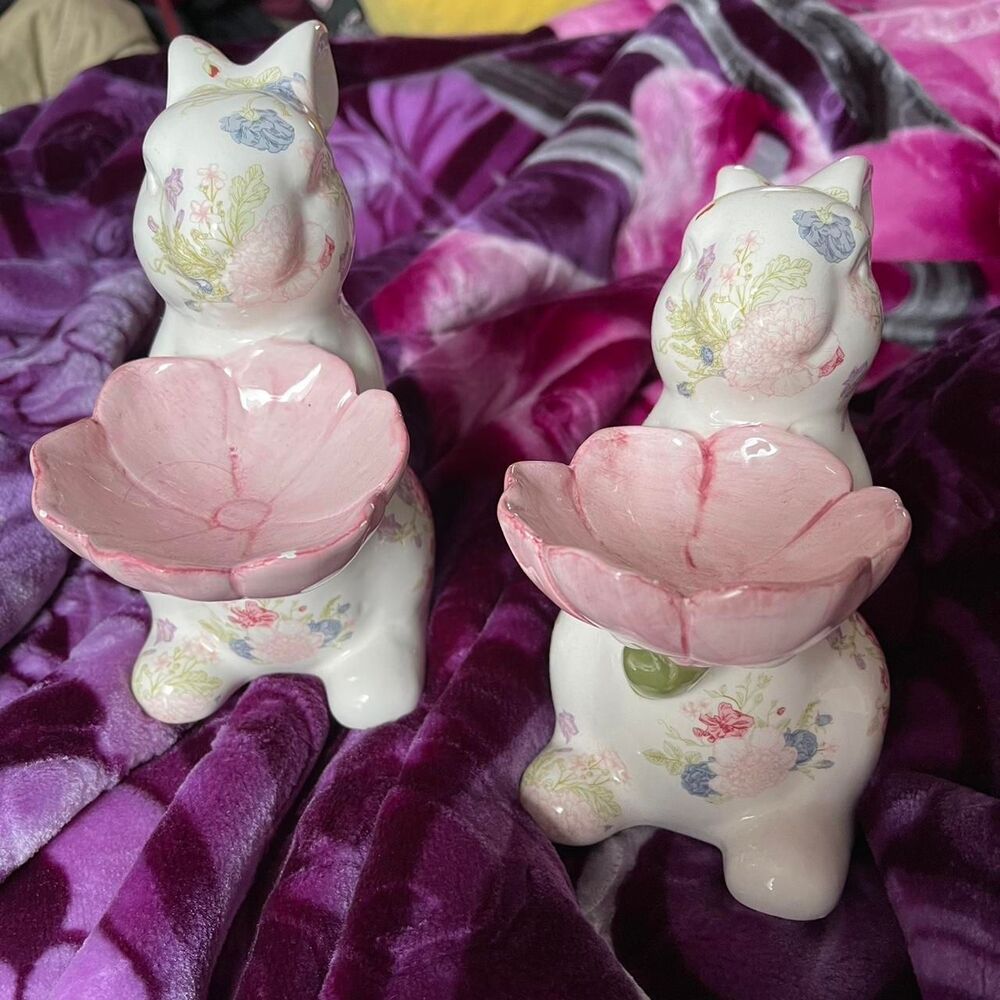 FLORAL CERAMIC BUNNY CANDLE HOLDERS – SET OF 2
